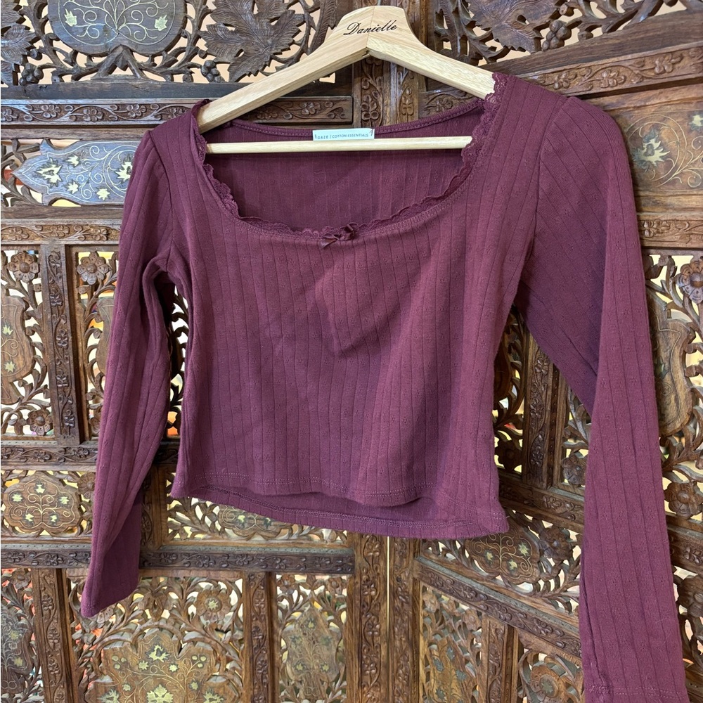 Gaze Maroon Ribbed Long Sleeve Blouse